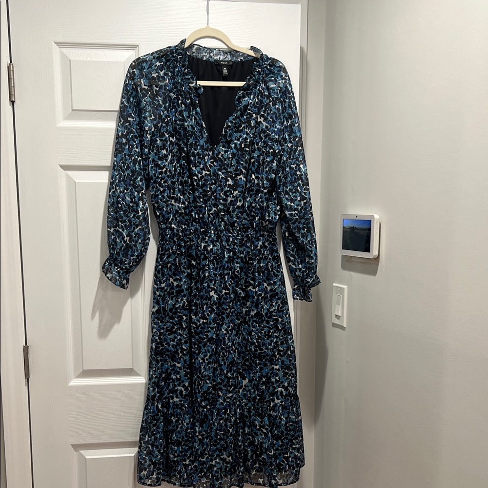 Aqua Blue and Black Long Sleeve Dress